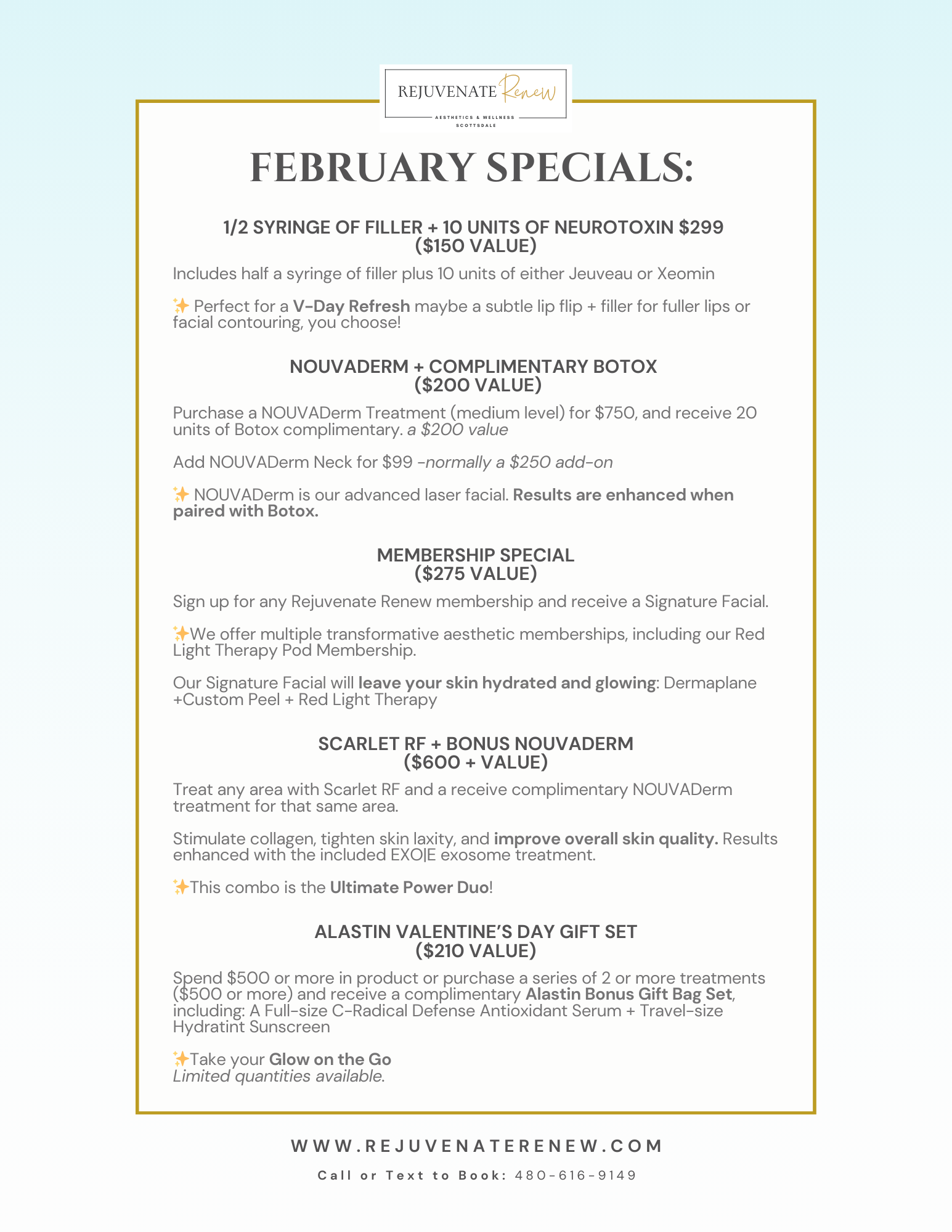February Specials at Rejuvenate Renew Aesthetics and Wellness in Scottsdale featuring filler and neurotoxin packages, NOUVADerm laser facial with complimentary Botox, med spa membership special with Signature Facial, Scarlet RF with bonus NOUVADerm treatment, and an Alastin Valentine’s Day gift set, presented in an elegant neutral and gold design.