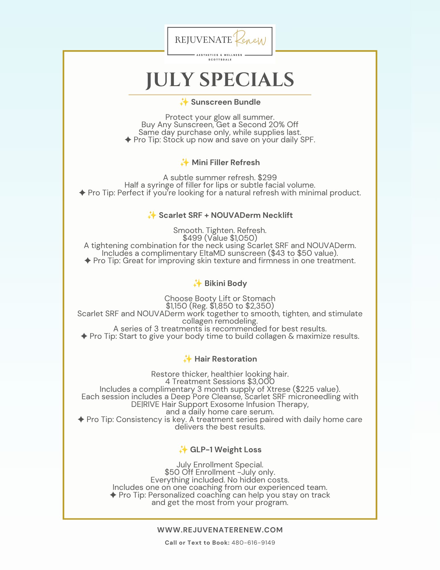 July 2026 specials at Rejuvenate Renew Aesthetics & Wellness featuring Scarlet SRF, NOUVADerm, mini filler, body contouring, hair restoration, GLP-1 weight loss, and skincare offers in Scottsdale, Arizona.