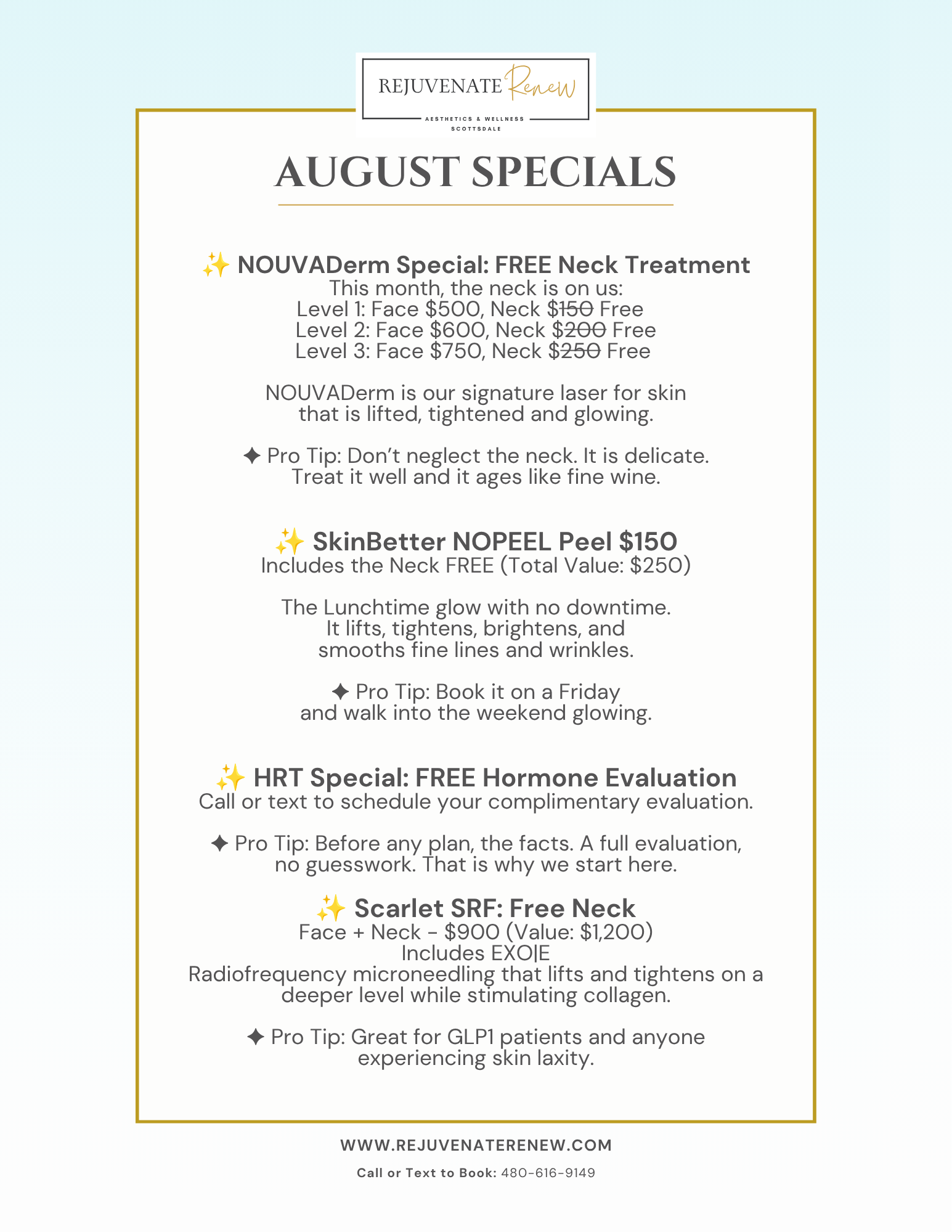 Rejuvenate Renew August 2026 med spa specials featuring NOUVADerm, SkinBetter NOPEEL Peel, Scarlet SRF RF microneedling, and complimentary hormone evaluation in Scottsdale, Arizona.